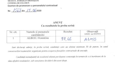 Anunt cu rezultatele la proba scrisa gestionar-custode
