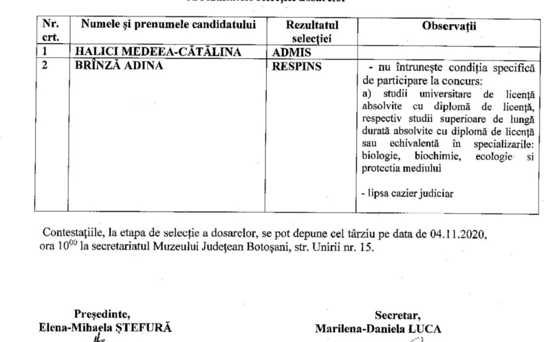 Selectie dosare posturi restaurator si inginer