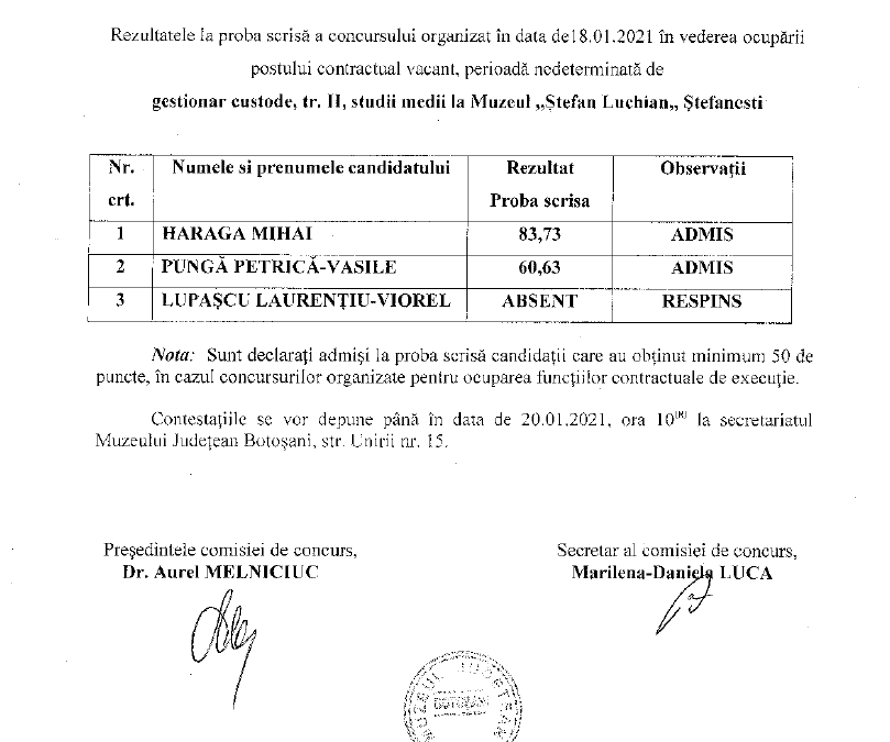 Rezultate concurs proba scrisa – gestionar custode