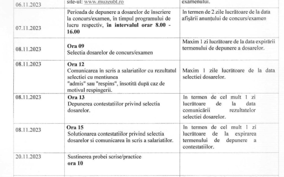 Calendar concurs/examen promovare trimestrul IV 2023