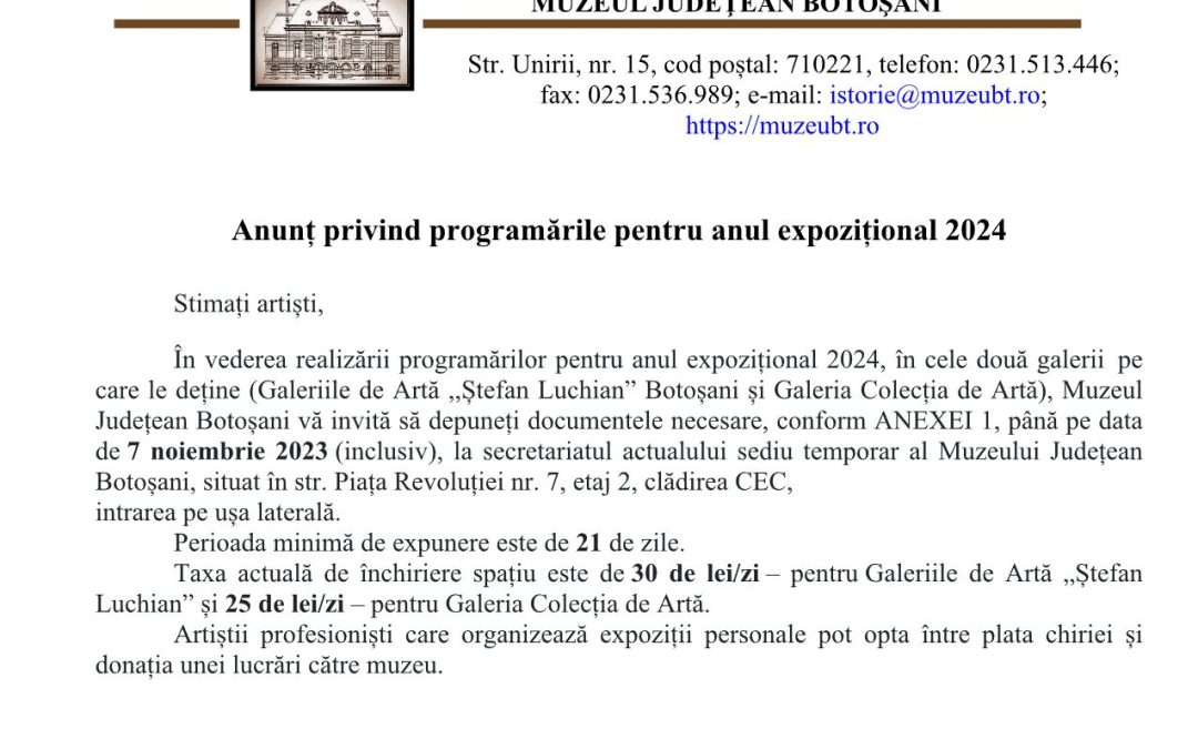 Programările pentru anul expozițional 2024